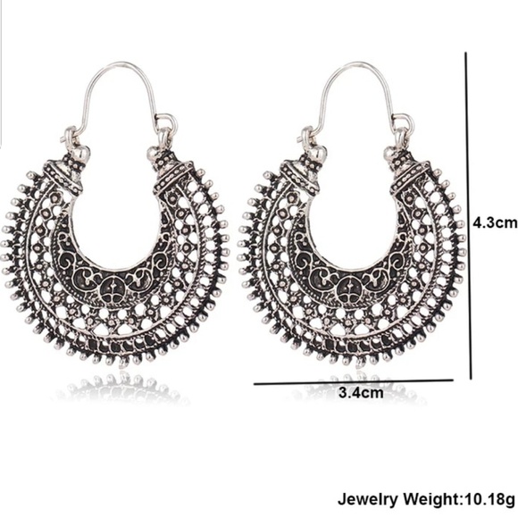 Gypsy Bohemian Vintage Silver Color Hoops Earrings - Picture 2 of 4